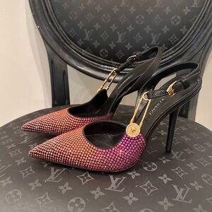 Versace Crystal Palazzo Pink & Orange Safety Pin Slingback Heels, Size 37, NWOT